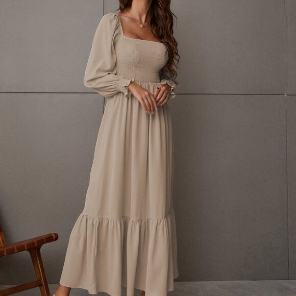 Khaki Boho Womens Square Neck Shirred Ruffle Hem Dress - Picture 3 of 5